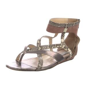 Jimmy Choo Flat Sandals Pewter Leather Animal Print Strappy Flat Shoe EU 39.5
